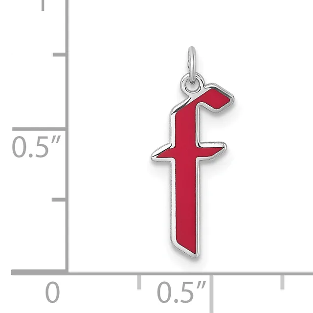 A silver cross pendant with a red enamel fill, shown against a measurement scale indicating approximately 0.5 inches in width and height.
