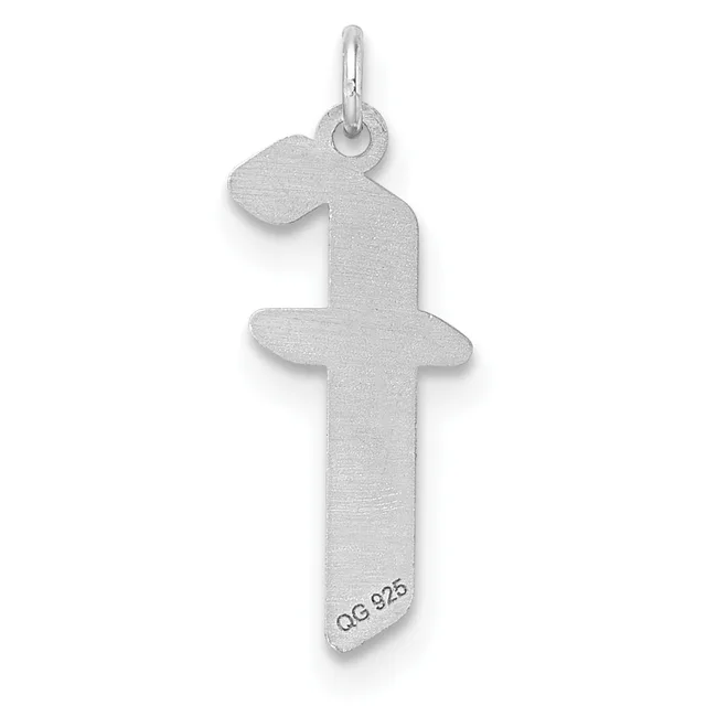 Silver pendant shaped like the number one with a decorative curved top and a small stamped hallmark on the lower shaft, shown hanging from a loop.
