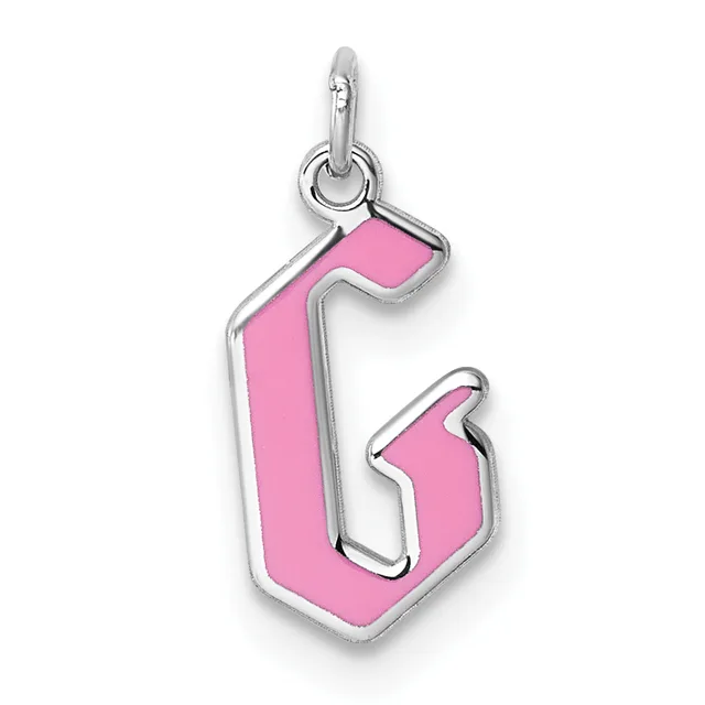 A silver charm pendant with bright pink enamel fill in the shape of the number 6, suspended from a silver loop bail.