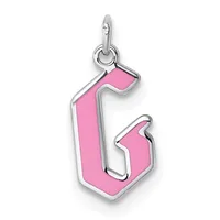 A silver charm pendant with bright pink enamel fill in the shape of the number 6, suspended from a silver loop bail.