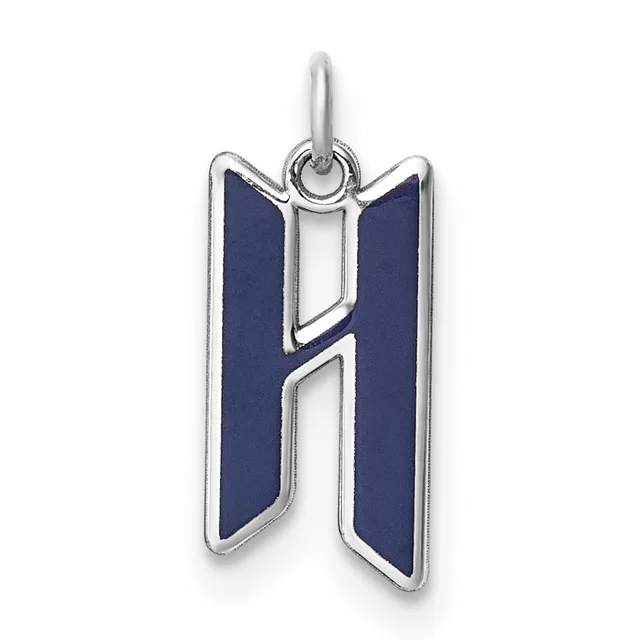 Silver pendant with dark blue enamel panels on either side of a cutout letter H, suspended from a small loop at the top.