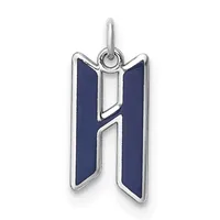 Silver pendant with dark blue enamel panels on either side of a cutout letter H, suspended from a small loop at the top.
