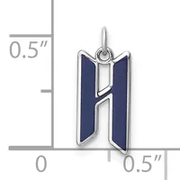 Silver charm pendant with dark blue enamel inlay forming an abstract geometric design, shown next to a measurement scale indicating approximately 0.5 inches in height and width.