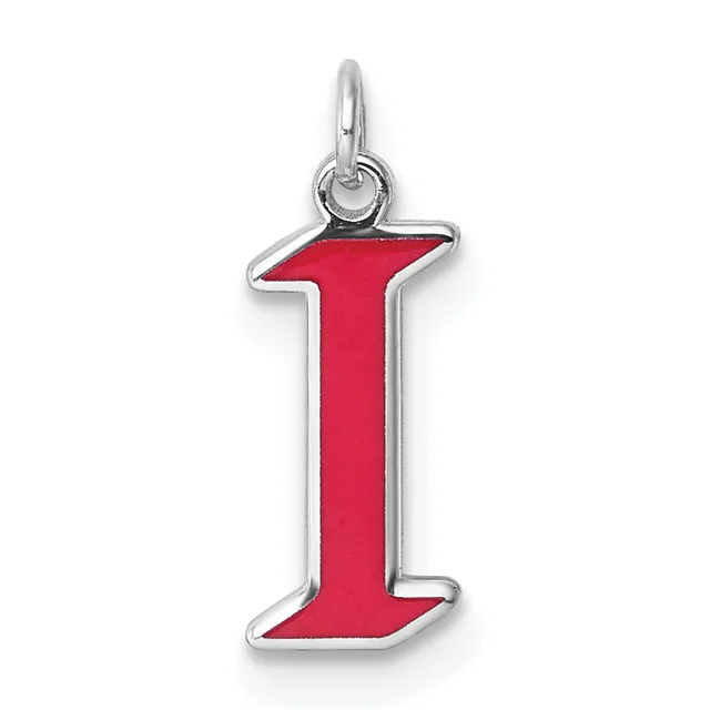 A red enameled letter "I" pendant with a silver-toned metal frame and loop attachment.