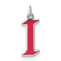 A red enameled letter "I" pendant with a silver-toned metal frame and loop attachment.