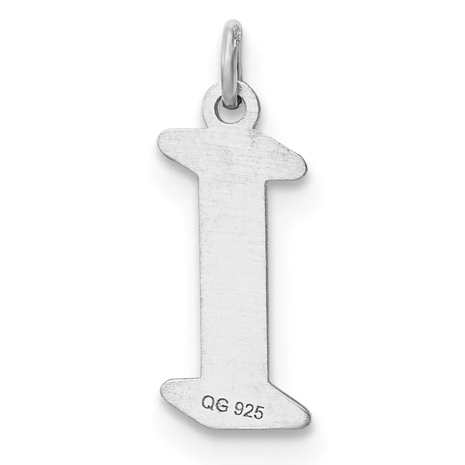 Sterling silver letter I pendant with a loop bail at the top and a small stamped hallmark at the bottom.