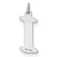 Sterling silver letter I pendant with a loop bail at the top and a small stamped hallmark at the bottom.