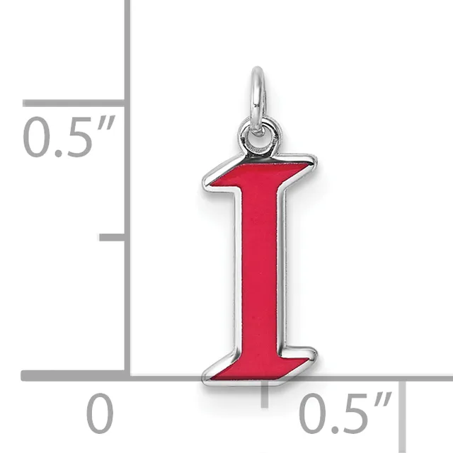 Silver charm pendant with a red enameled capital letter I, shown against a measurement scale indicating approximately 0.5 inches in height.