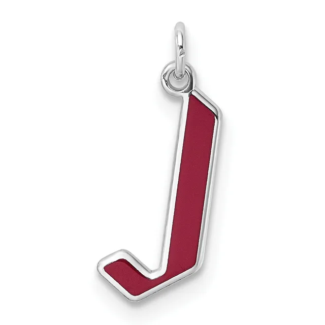 A silver charm pendant shaped like the letter J with a burgundy red enamel fill, suspended from a silver loop bail.