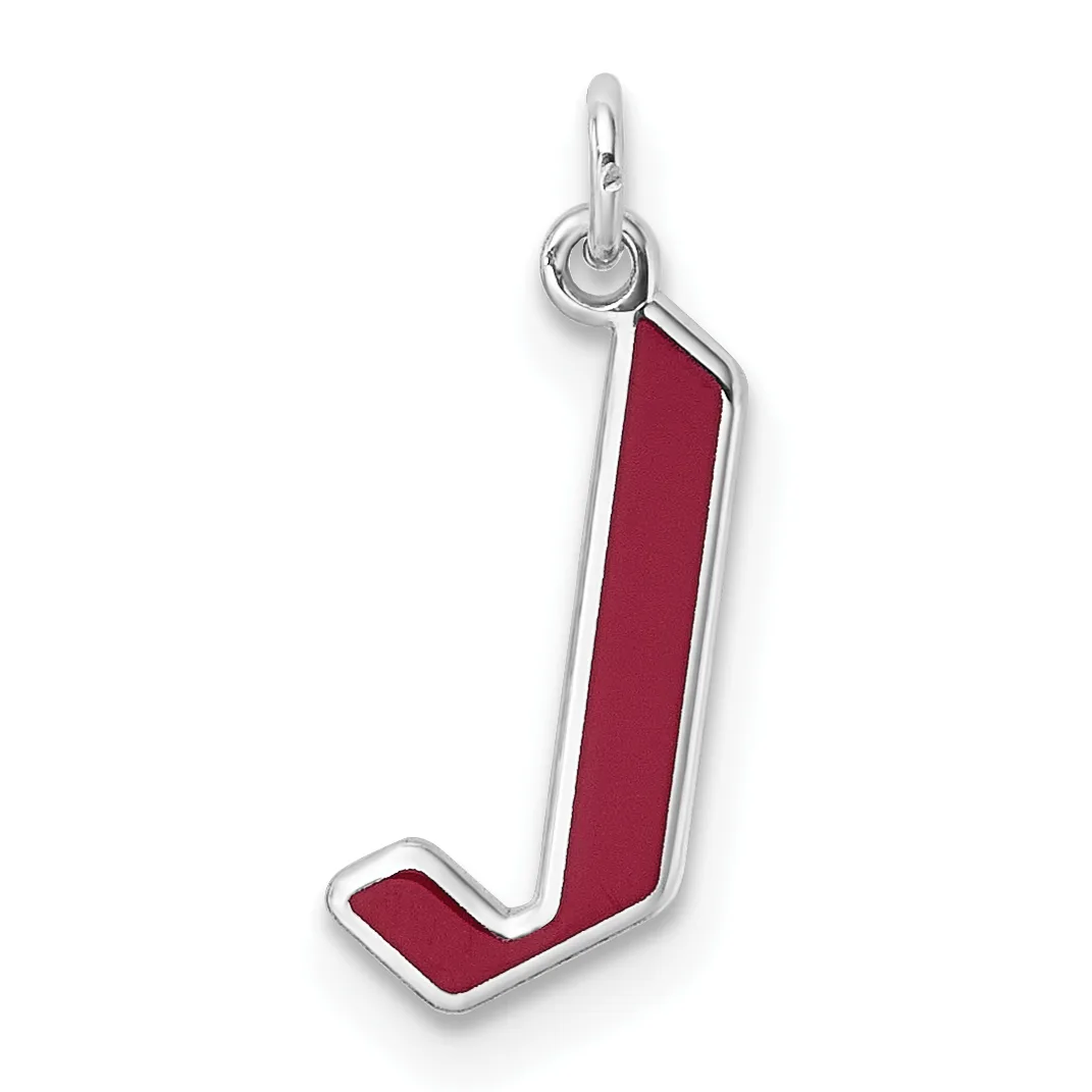 A silver charm pendant shaped like the letter J with a burgundy red enamel fill, suspended from a silver loop bail.