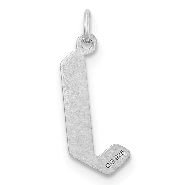 A silver letter L pendant with a loop at the top and a small stamped hallmark on the lower right corner, displayed against a white background.