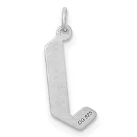A silver letter L pendant with a loop at the top and a small stamped hallmark on the lower right corner, displayed against a white background.