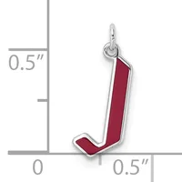 Silver pendant charm shaped like the letter J with dark red enamel fill, shown next to a ruler indicating approximately 0.5 inches in width.