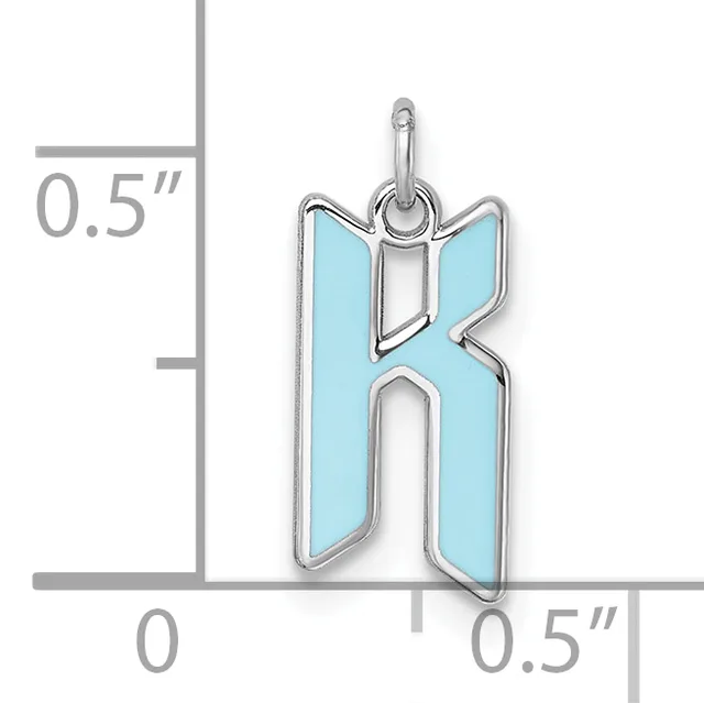 Silver letter K pendant with light blue enamel fill, shown next to a measurement scale indicating approximately 0.5 inches in width and height.