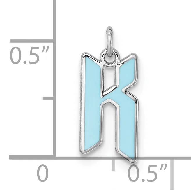 Silver letter K pendant with light blue enamel fill, shown next to a measurement scale indicating approximately 0.5 inches in width and height.
