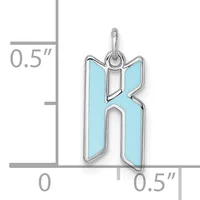 Silver letter K pendant with light blue enamel fill, shown next to a measurement scale indicating approximately 0.5 inches in width and height.