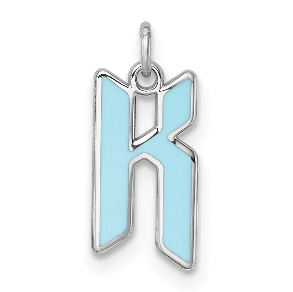 Silver pendant shaped like the letter K with light blue enamel fill and a loop at the top for hanging.