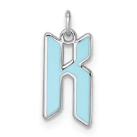 Silver pendant shaped like the letter K with light blue enamel fill and a loop at the top for hanging.