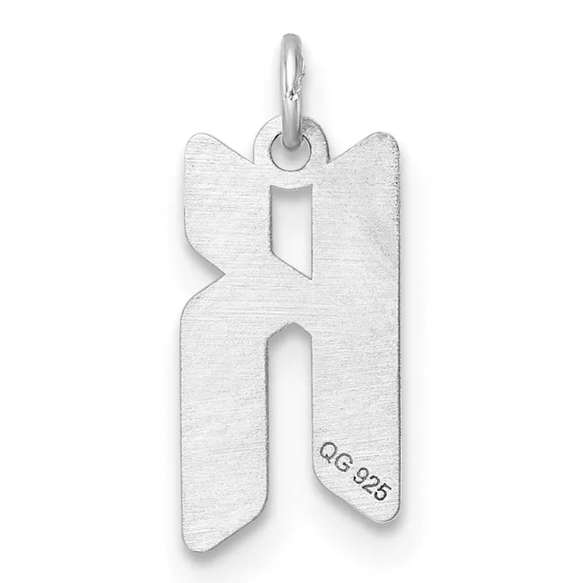 A silver letter R pendant with a brushed finish, featuring a loop at the top for hanging and a small stamped hallmark on the lower right side.