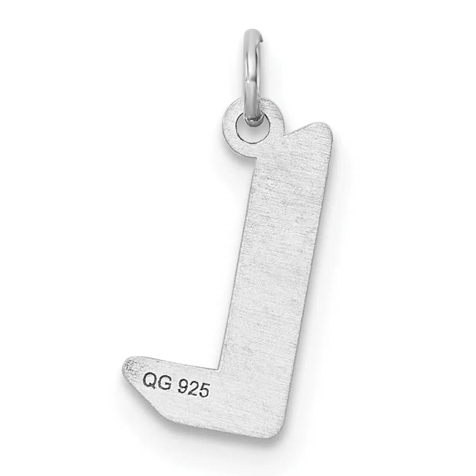 Silver letter L pendant with a brushed finish and a small stamped hallmark, suspended from a jump ring.