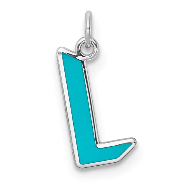 Sterling silver charm pendant in the shape of the letter L with a turquoise enamel fill and a small loop attachment at the top.