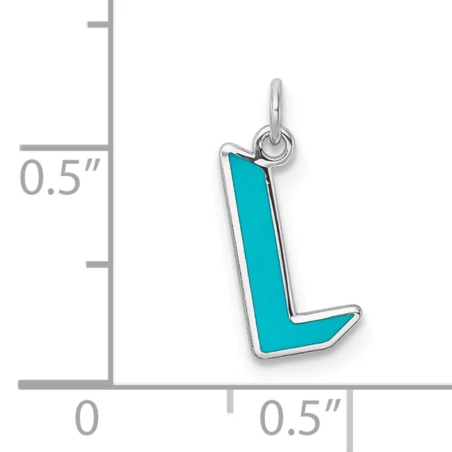 A turquoise enamel letter L charm with silver-toned metal border and loop, shown next to a ruler indicating approximately half an inch in height.