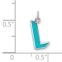 A turquoise enamel letter L charm with silver-toned metal border and loop, shown next to a ruler indicating approximately half an inch in height.