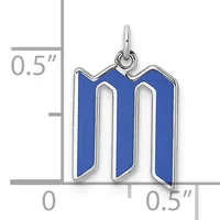 Silver pendant charm with blue enamel featuring two vertical curved white stripes, shown next to a measurement scale indicating approximately 0.5 inches in width and height.