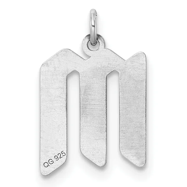 Silver pendant with two vertical rectangular cutouts and curved top edges, suspended from a small loop with a small stamped hallmark on the lower left.
