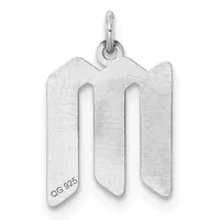 Silver pendant with two vertical rectangular cutouts and curved top edges, suspended from a small loop with a small stamped hallmark on the lower left.