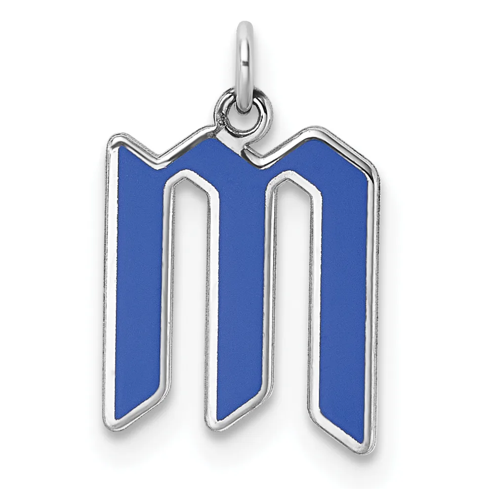 Silver charm with blue enamel fill featuring two vertical rectangular shapes with rounded corners, suspended from a silver loop bail.