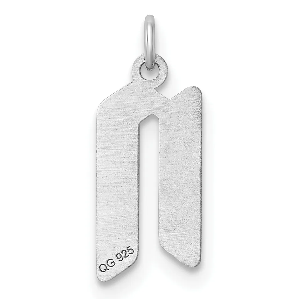 A silver letter N charm with a rectangular shape and rounded top, featuring a small stamped hallmark on the lower left, suspended from a silver loop.