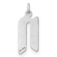 A silver letter N charm with a rectangular shape and rounded top, featuring a small stamped hallmark on the lower left, suspended from a silver loop.