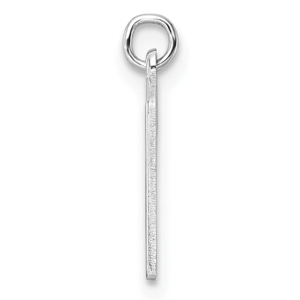 A silver rectangular pendant with a textured surface hangs from a round jump ring against a white background.