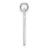 A silver rectangular pendant with a textured surface hangs from a round jump ring against a white background.