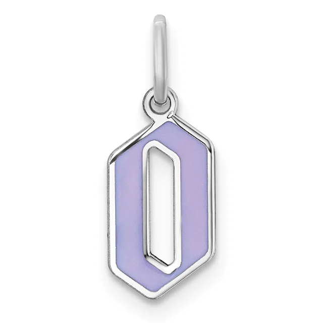 Silver charm pendant with a purple hexagonal stone or enamel center featuring a rectangular cutout, suspended from a silver bail.