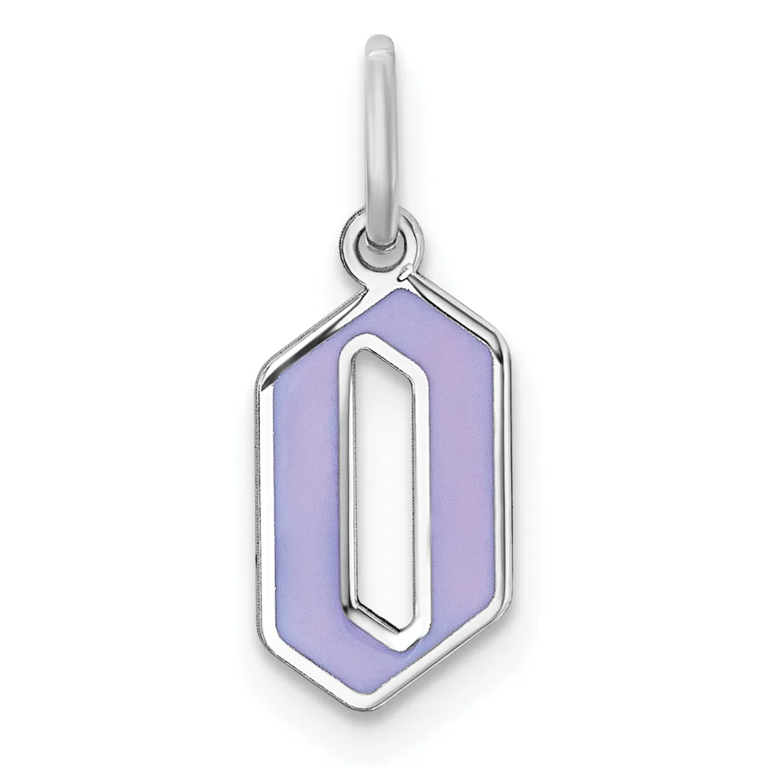 Silver charm pendant with a purple hexagonal stone or enamel center featuring a rectangular cutout, suspended from a silver bail.