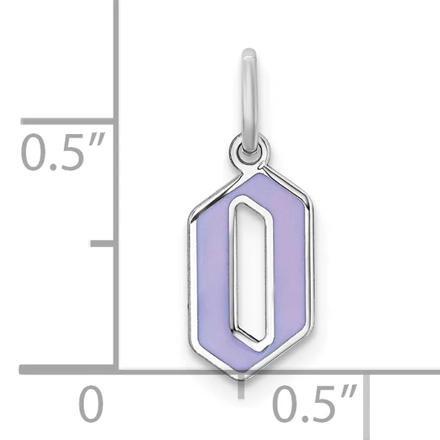 A silver pendant with a purple hexagonal stone and cutout center, shown next to a ruler indicating it is approximately 0.5 inches wide.
