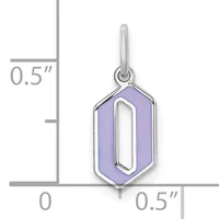 A silver pendant with a purple hexagonal stone and cutout center, shown next to a ruler indicating it is approximately 0.5 inches wide.