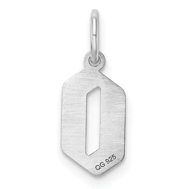 Silver charm pendant in an elongated hexagonal shape with a vertical rectangular cutout, suspended from a small loop, displayed against a white background.