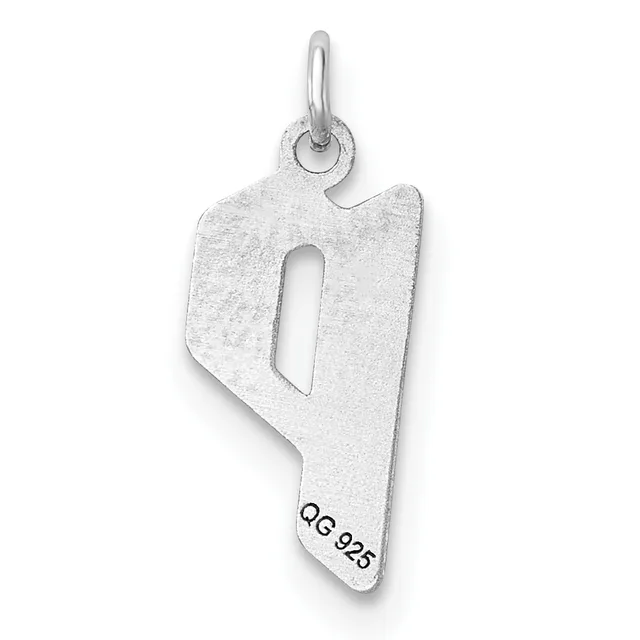 Sterling silver pendant shaped like the number nine with a rectangular cutout, featuring a small stamped hallmark near the bottom and a loop at the top for hanging.