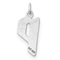 Sterling silver pendant shaped like the number nine with a rectangular cutout, featuring a small stamped hallmark near the bottom and a loop at the top for hanging.