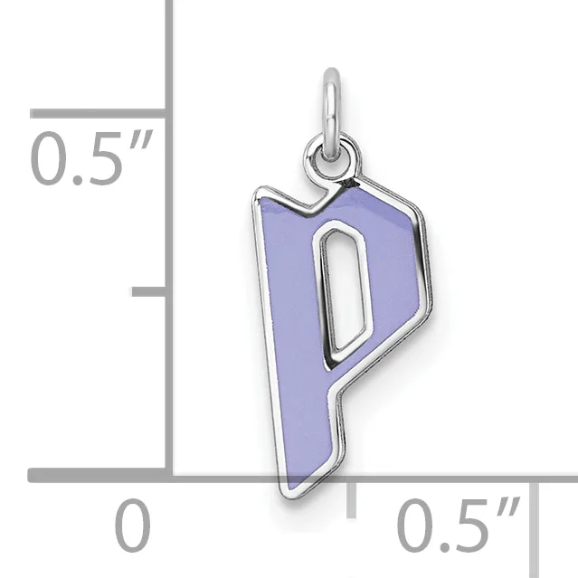 Purple enameled letter P charm with silver-toned metal outline and loop, shown next to a measurement scale indicating approximately 0.5 inches in height.