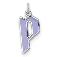 A silver pendant charm shaped like the letter P with a purple enamel fill and a small loop at the top for hanging.