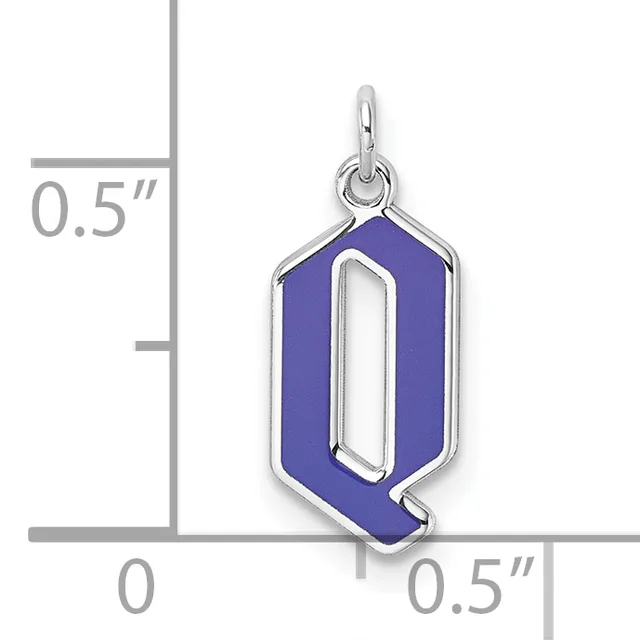 Silver pendant with blue enamel hexagonal shape and cutout center, shown next to a measurement scale indicating approximately 0.5 inches in width and height.