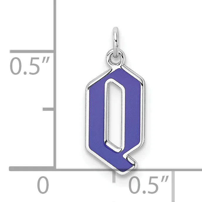 Silver pendant with blue enamel hexagonal shape and cutout center, shown next to a measurement scale indicating approximately 0.5 inches in width and height.