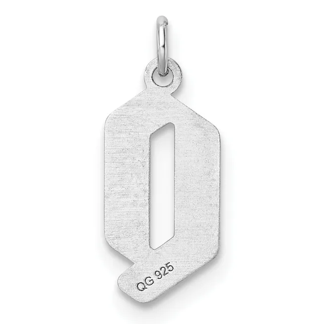Silver charm pendant with a rounded rectangular shape featuring a vertical cutout in the center, suspended from a small loop and bail.