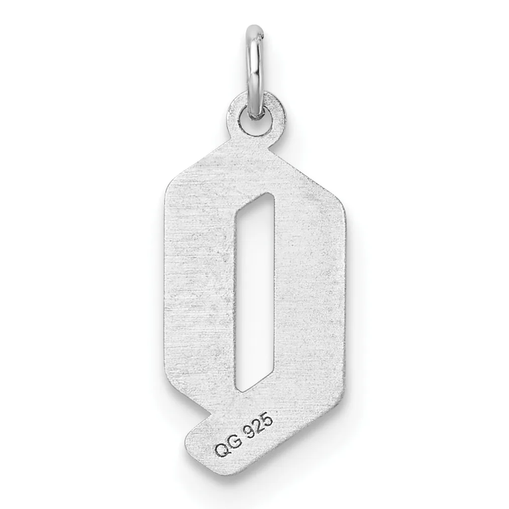 Silver charm pendant with a rounded rectangular shape featuring a vertical cutout in the center, suspended from a small loop and bail.