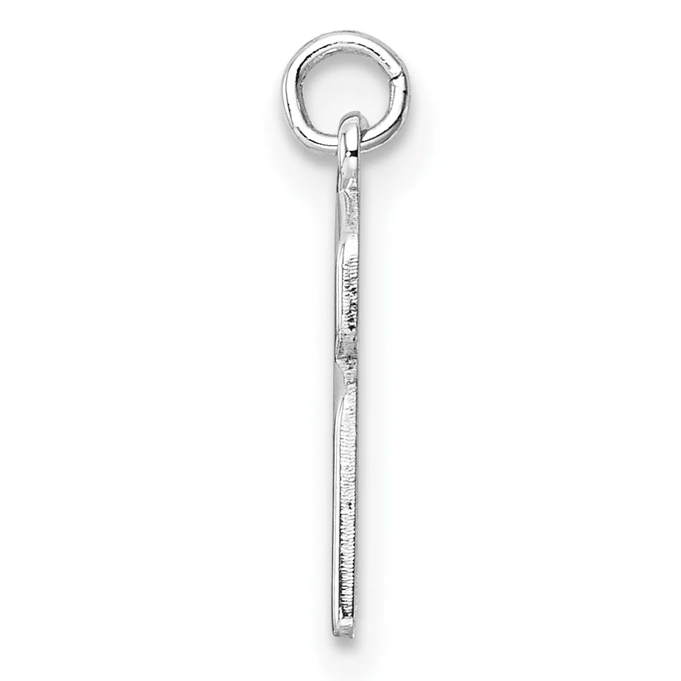 A silver pendant consisting of a thin rectangular bar with a small stamped hallmark, suspended from a round jump ring at the top.