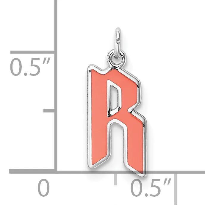 A red enameled letter R charm with silver-toned metal outline and loop, shown next to a measurement scale indicating approximately 0.5 inches in height and width.